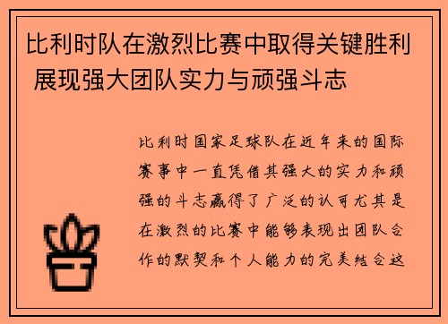 比利时队在激烈比赛中取得关键胜利 展现强大团队实力与顽强斗志